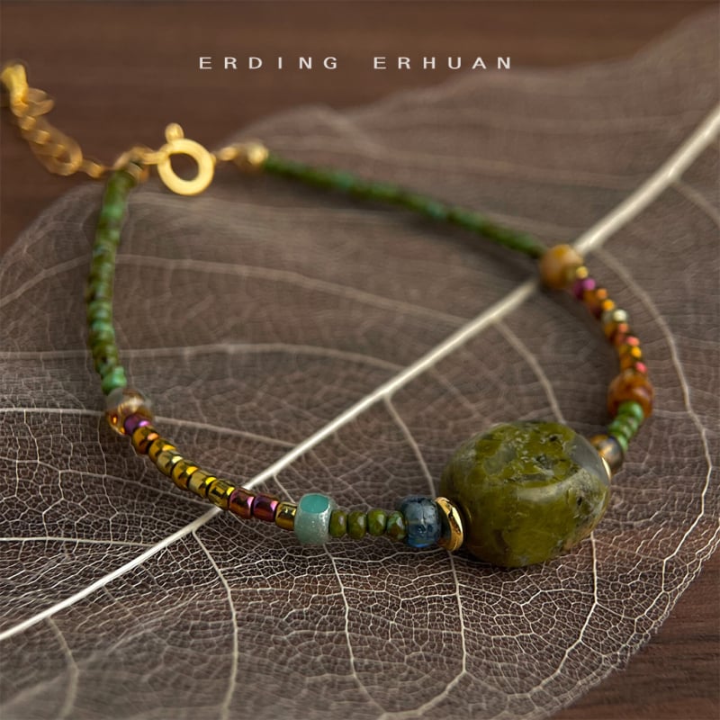 Kézzel készített karkötő természetes kő és rizsszemekből, új kínai stílus, geometriai forma, nők számára, nyár 2025