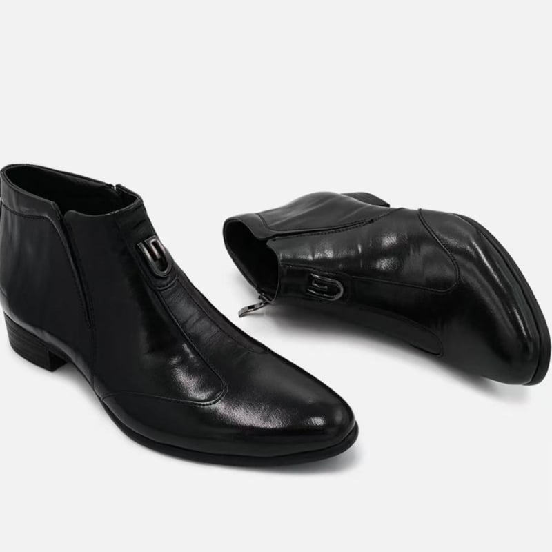 Férfi bőr Chelsea csizmák cipzárral, fleece bélés, hegyes orr, magas szár, gumírozott talp