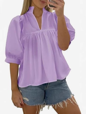 V-nyakú ing, egyszínű, pliszírozott, laza szabású rövid ujjú, poliészter-elasztán keverék