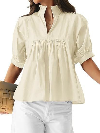 V-nyakú ing, egyszínű, pliszírozott, laza szabású rövid ujjú, poliészter-elasztán keverék
