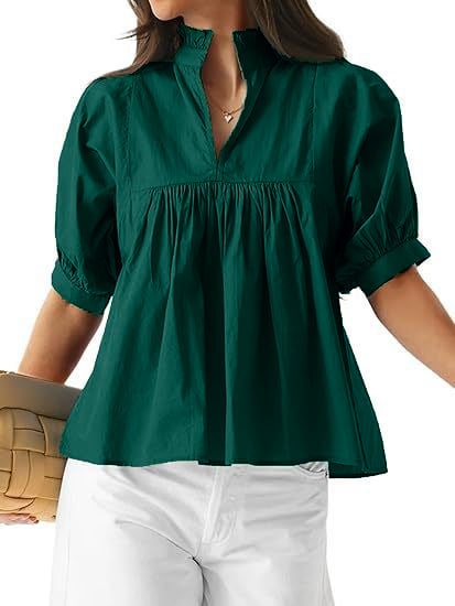 V-nyakú ing, egyszínű, pliszírozott, laza szabású rövid ujjú, poliészter-elasztán keverék