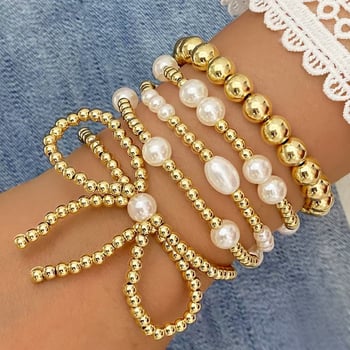 Bowknot karkötő műgyöngyökkel, elektroplatált fémcsövek, francia vintage stílus, kézhez tartozó kiegészítők