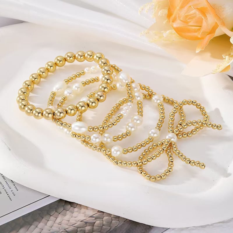 Bowknot karkötő műgyöngyökkel, elektroplatált fémcsövek, francia vintage stílus, kézhez tartozó kiegészítők