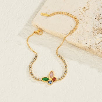 Női rozsdamentes acél karkötő pillangó medállal, INS stílus, többszínű cirkóniákkal, elektroplakált felülettel