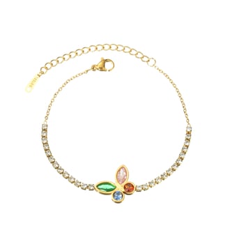 Női rozsdamentes acél karkötő pillangó medállal, INS stílus, többszínű cirkóniákkal, elektroplakált felülettel