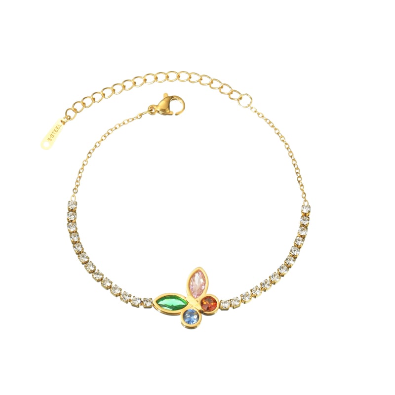 Női rozsdamentes acél karkötő pillangó medállal, INS stílus, többszínű cirkóniákkal, elektroplakált felülettel