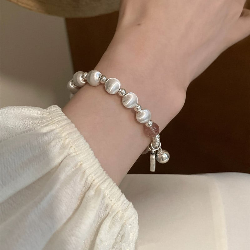 Réz karkötő elektroplattázott felülettel, Laser-brushed golyók, Strawberry Crystal kövekkel, nőknek, könnyű luxus stílus