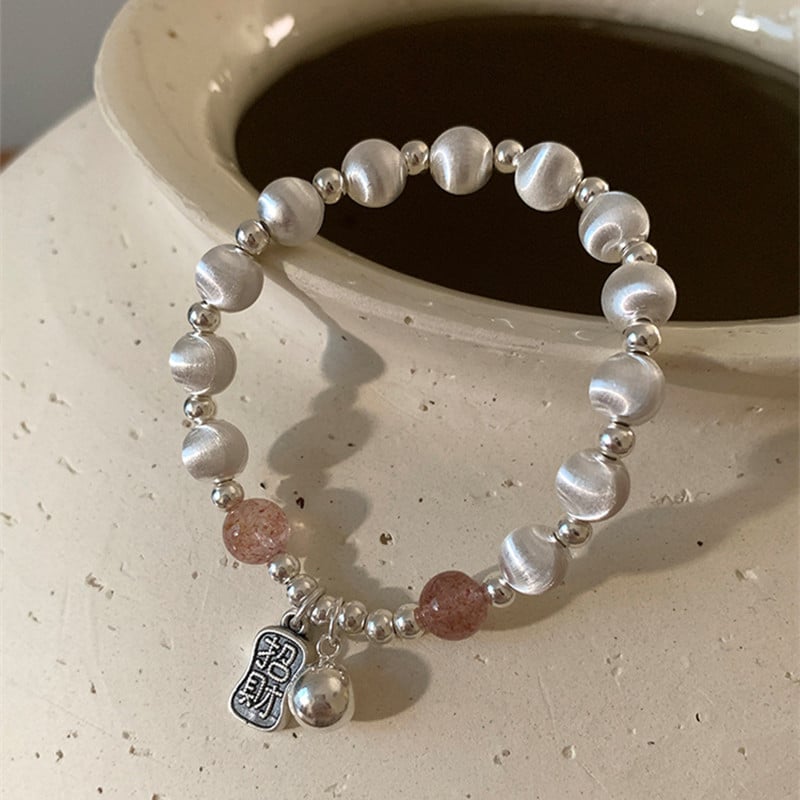 Réz karkötő elektroplattázott felülettel, Laser-brushed golyók, Strawberry Crystal kövekkel, nőknek, könnyű luxus stílus