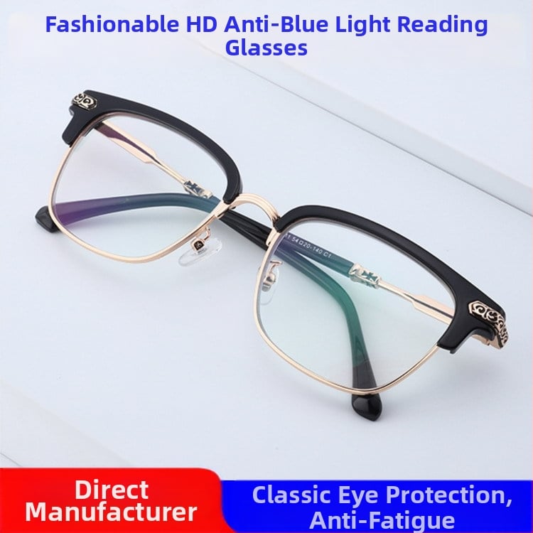 Olvasószemüveg anti-kék fény és sugárzás elleni védelemmel, lencsék gyantából, félkeretes TR+fém keret, négyzetes retro stílus