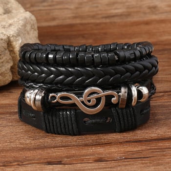 Négyrétegű hangsáv motívummal ellátott karkötő készlet, kézzel szőtt műbőr, férfi punk stílus, geometriai design