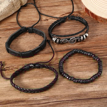 Négyrétegű hangsáv motívummal ellátott karkötő készlet, kézzel szőtt műbőr, férfi punk stílus, geometriai design