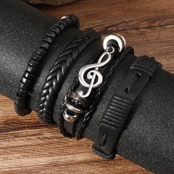 Négyrétegű hangsáv motívummal ellátott karkötő készlet, kézzel szőtt műbőr, férfi punk stílus, geometriai design