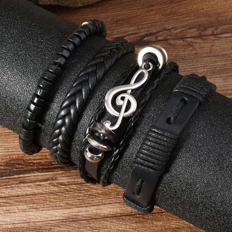 Négyrétegű hangsáv motívummal ellátott karkötő készlet, kézzel szőtt műbőr, férfi punk stílus, geometriai design