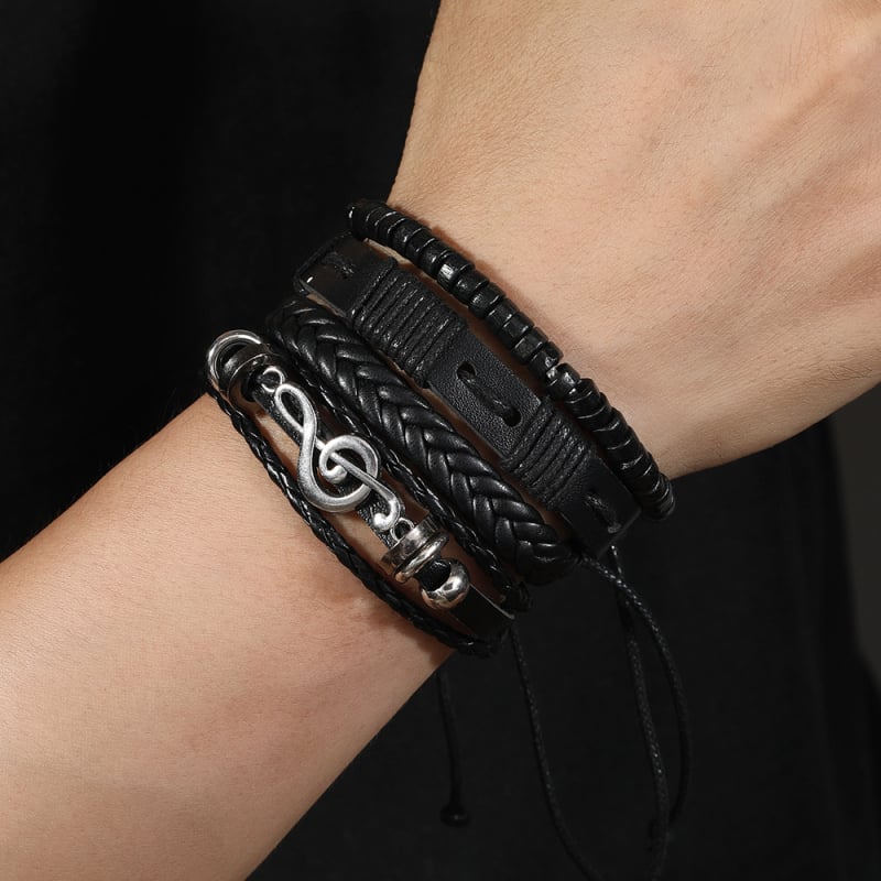 Négyrétegű hangsáv motívummal ellátott karkötő készlet, kézzel szőtt műbőr, férfi punk stílus, geometriai design