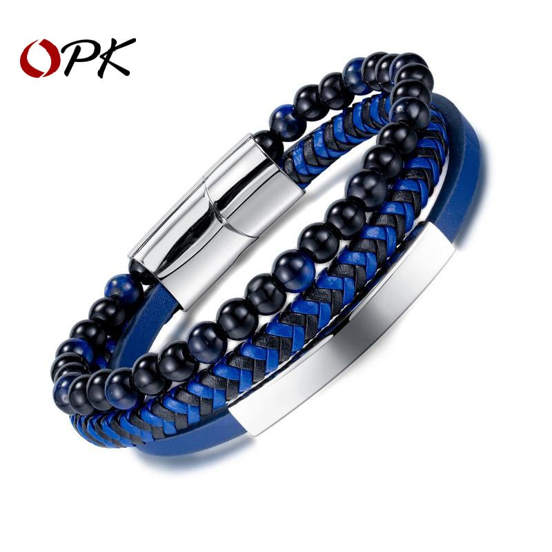 OPK Férfi bőrszíj karkötő, többszörös kötésű dizájn, üveg gyöngyökkel, mágneses zár, Anyag: cortex, utcai hip-hop stílus