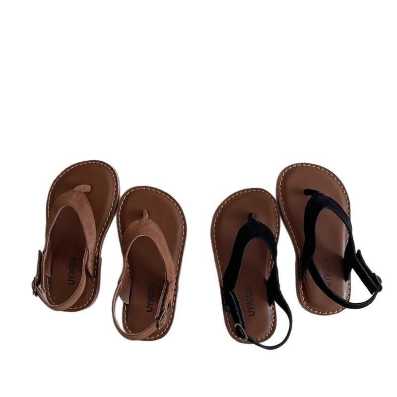 Koreai stílusú gyerek strandpapucs, uniszex – nubuk bőr felső rész, Velcro zárás, gumírozott talp, egyszínű, 4–12 éveseknek