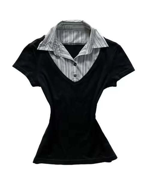 Női csíkos ing, poliészter, karcsú szabás, rövid ujjú, hossz 50-65 cm