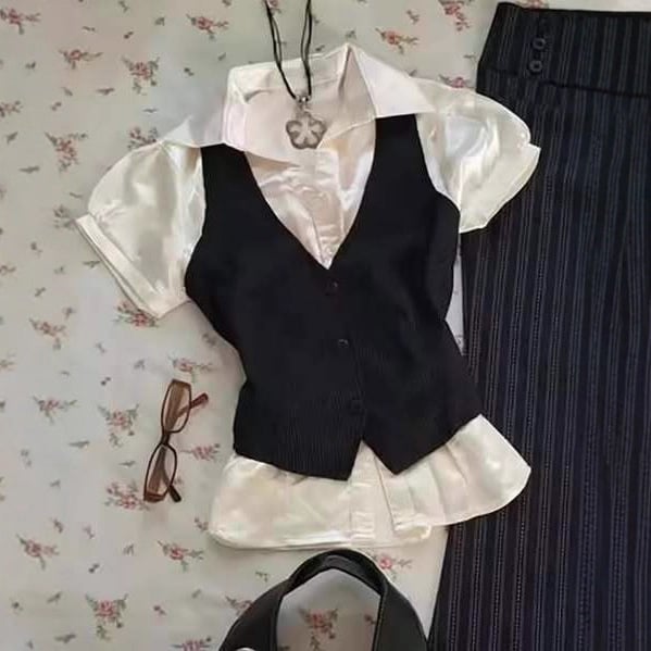 Női csíkos ing, poliészter, karcsú szabás, rövid ujjú, hossz 50-65 cm