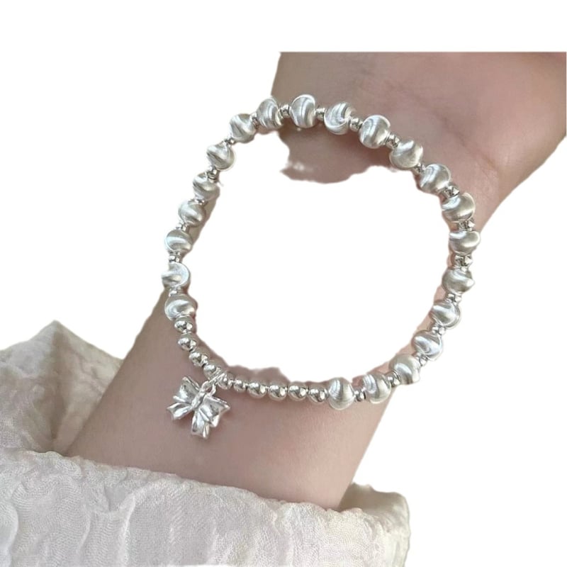 Virágmotívumos, kerek gyöngyökkel és masni fityegővel készült karkötő, réz, elektroplakálás, koreai stílusú nőknek, kézműves ékszer, 2024 tavasz