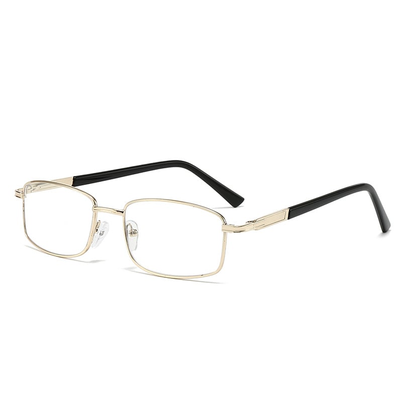 Ochelari de citit cu design modern din cristal pentru adulți, ramă pătrată metalică, lentile PC cu protecție UV și anti-lumină albastră, compatibile cu dioptrii.