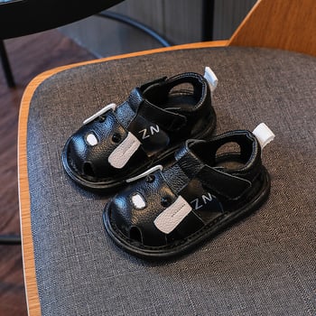 Унисекс бебешки сандали за деца 1–3 г., мека противохлъзгаща подметка, кожена горна част, PVC подметка, лепенка за сигурно обуване, животински мотив