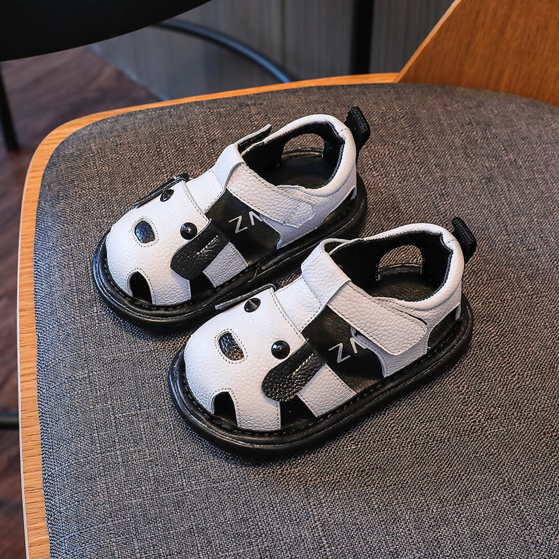 Унисекс бебешки сандали за деца 1–3 г., мека противохлъзгаща подметка, кожена горна част, PVC подметка, лепенка за сигурно обуване, животински мотив