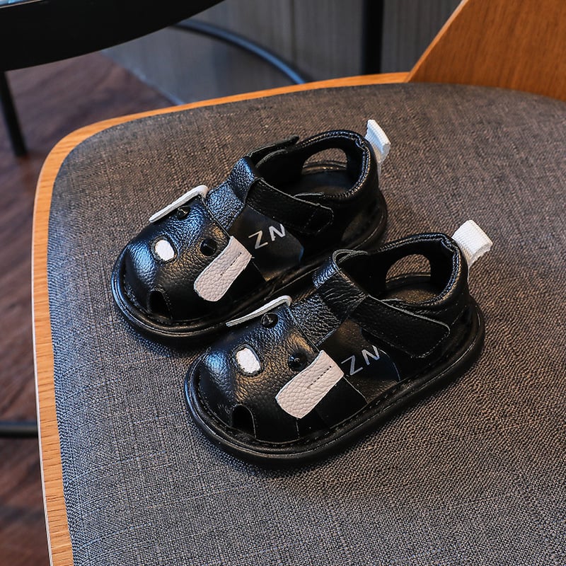 Унисекс бебешки сандали за деца 1–3 г., мека противохлъзгаща подметка, кожена горна част, PVC подметка, лепенка за сигурно обуване, животински мотив