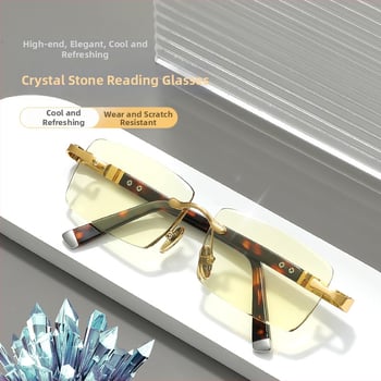 Keret nélküli olvasó szemüveg, kristálylencsék, lemez- és fémkeret, támogatja a rövidlátást, kerek arcúaknak megfelelő