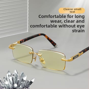 Keret nélküli olvasó szemüveg, kristálylencsék, lemez- és fémkeret, támogatja a rövidlátást, kerek arcúaknak megfelelő