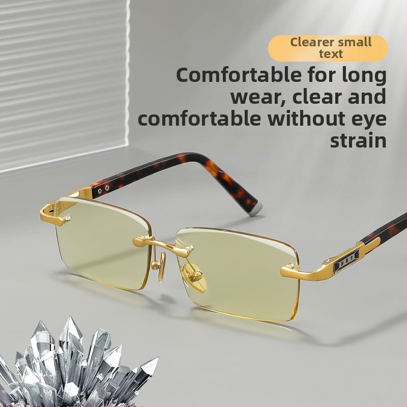 Keret nélküli olvasó szemüveg, kristálylencsék, lemez- és fémkeret, támogatja a rövidlátást, kerek arcúaknak megfelelő