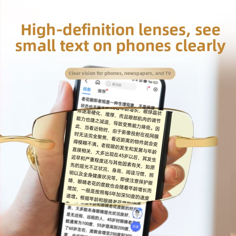 Keret nélküli olvasó szemüveg, kristálylencsék, lemez- és fémkeret, támogatja a rövidlátást, kerek arcúaknak megfelelő