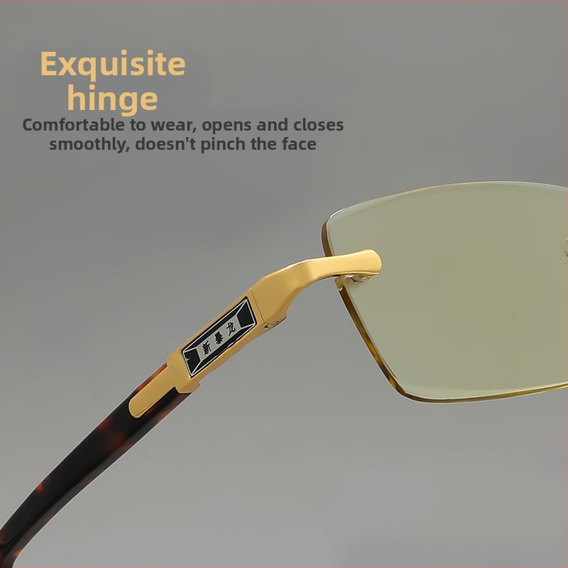 Keret nélküli olvasó szemüveg, kristálylencsék, lemez- és fémkeret, támogatja a rövidlátást, kerek arcúaknak megfelelő