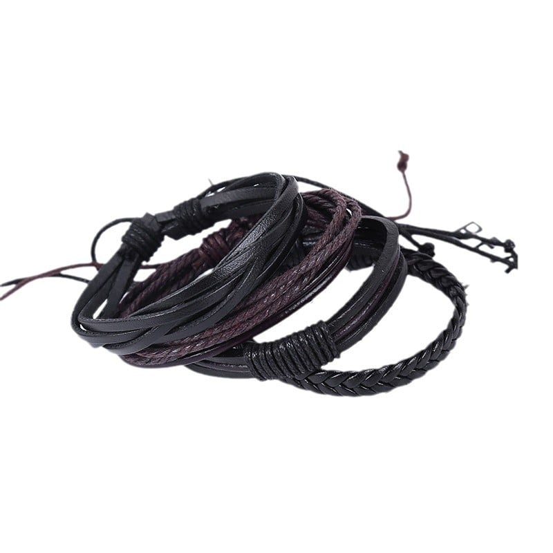4 darab bőr karkötő készlet – kézzel készült, uniszex, vintage, DIY kézzel fonott