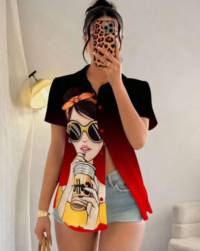 Zimandi ing, poliészter anyag, 3D minta, rövid ujjú, reveres gallér, elegáns városi stílus