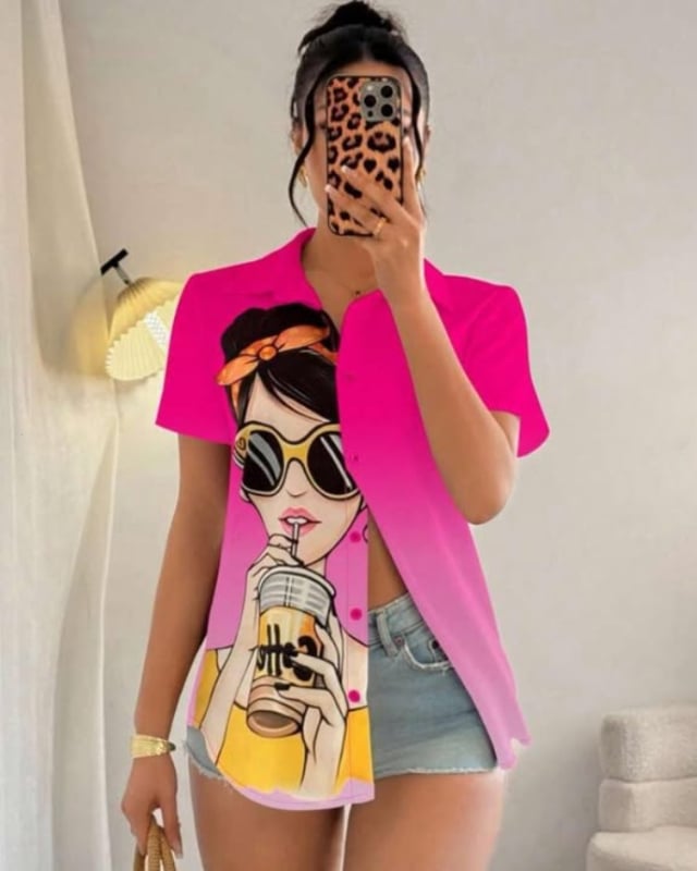 Zimandi ing, poliészter anyag, 3D minta, rövid ujjú, reveres gallér, elegáns városi stílus