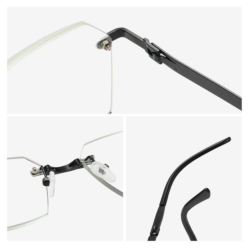 Olvasószemüveg keret nélküli, bifokális lencsék, kékfény elleni védelem, hordozható, összecsukható