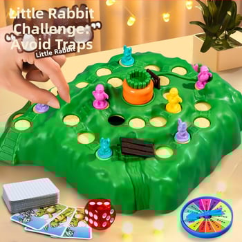 Műanyag társasjáték gyerekeknek 4–6 éveseknek: teknősbéka–nyúl futam, labirintus csapdákkal, szülő-gyermek interakció.