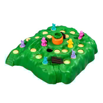 Műanyag társasjáték gyerekeknek 4–6 éveseknek: teknősbéka–nyúl futam, labirintus csapdákkal, szülő-gyermek interakció.