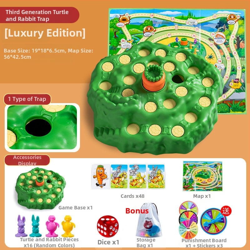 Műanyag társasjáték gyerekeknek 4–6 éveseknek: teknősbéka–nyúl futam, labirintus csapdákkal, szülő-gyermek interakció.