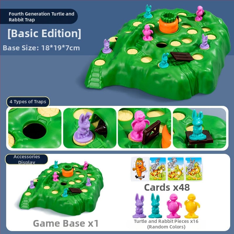 Műanyag társasjáték gyerekeknek 4–6 éveseknek: teknősbéka–nyúl futam, labirintus csapdákkal, szülő-gyermek interakció.