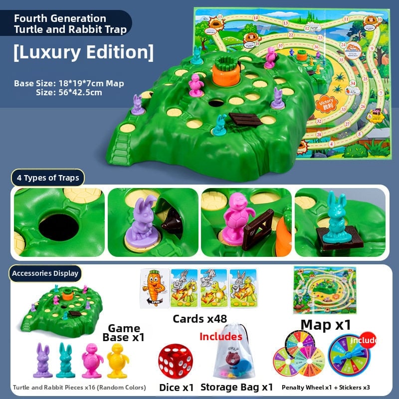 Műanyag társasjáték gyerekeknek 4–6 éveseknek: teknősbéka–nyúl futam, labirintus csapdákkal, szülő-gyermek interakció.