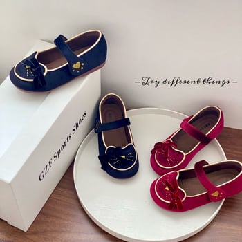 Детски обувки за момичета с котешки мотив, балеринки от велур със велкро, противохлъзгаща гумена подметка, за деца на възраст 4–16 години