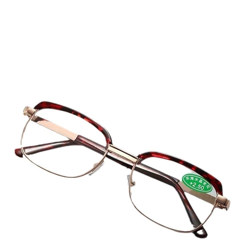 Preszbiópikus olvasó szemüveg, négyszögletes fémkeret, üveglencsék, vintage stílus