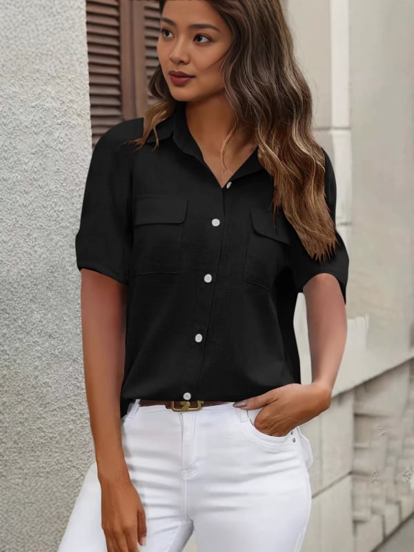 Női rövid ujjú ing, bambusz-pamut keverék, laza szabás, közép hosszú