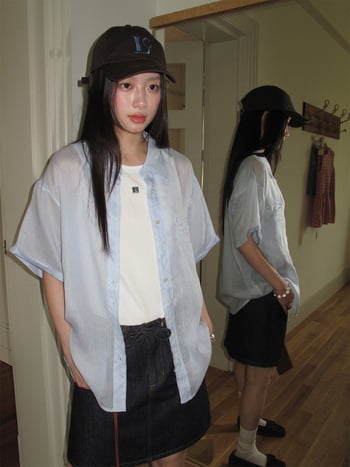 Női ramie anyagú rövid ujjú ing, koreai–japán lazább stílus, bő szabás, gallér, egy soros gombolás