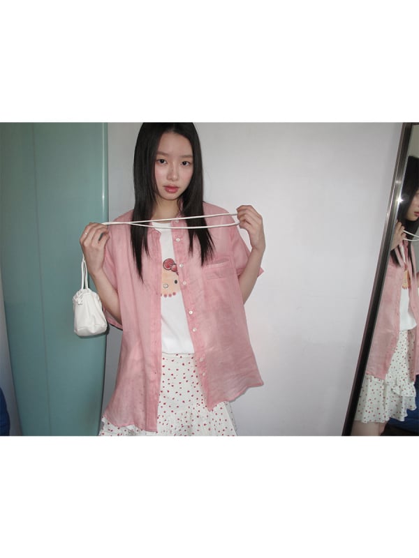 Női ramie anyagú rövid ujjú ing, koreai–japán lazább stílus, bő szabás, gallér, egy soros gombolás