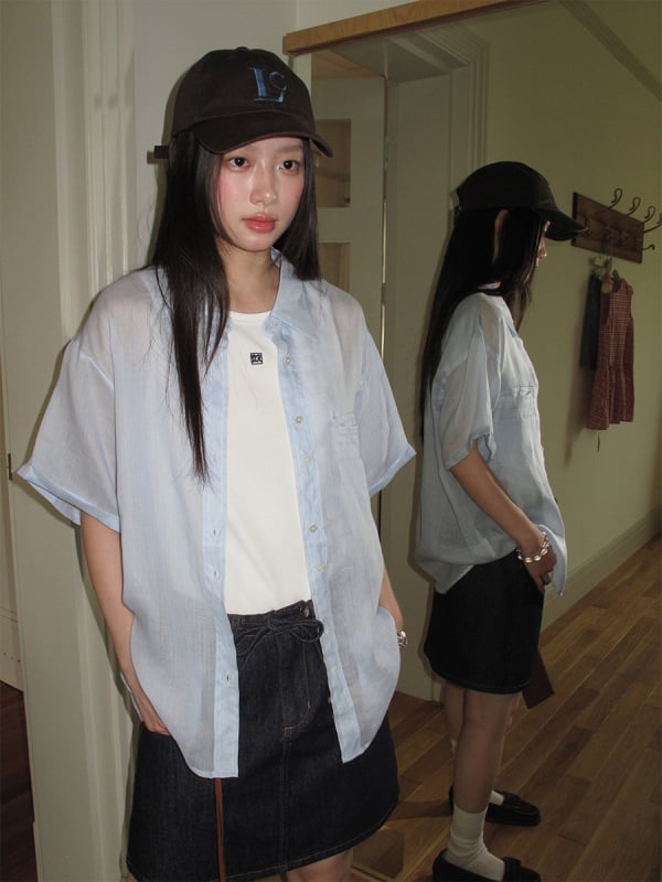 Női ramie anyagú rövid ujjú ing, koreai–japán lazább stílus, bő szabás, gallér, egy soros gombolás