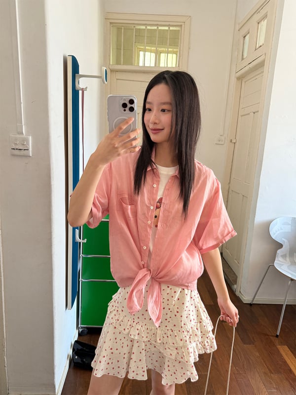 Női ramie anyagú rövid ujjú ing, koreai–japán lazább stílus, bő szabás, gallér, egy soros gombolás