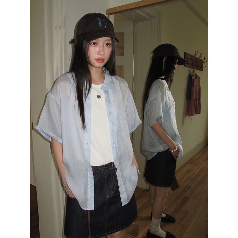 Női ramie anyagú rövid ujjú ing, koreai–japán lazább stílus, bő szabás, gallér, egy soros gombolás