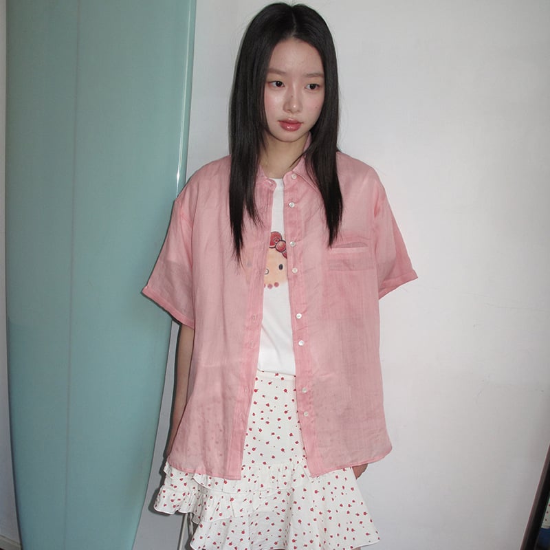 Női ramie anyagú rövid ujjú ing, koreai–japán lazább stílus, bő szabás, gallér, egy soros gombolás